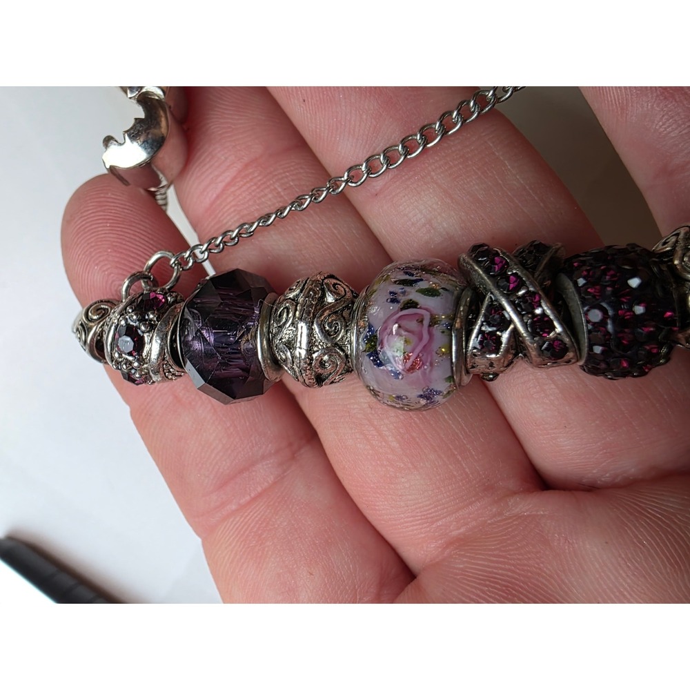 Sterling Silver Charm Bracelet Purple Murano Glass Pave Crystal Beads Yakira 48g - Picture 11 of 16